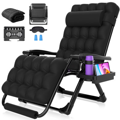 Très grand fauteuil pliant zéro gravité XXL, méridienne inclinable 33 po avec coussins et appui-tête