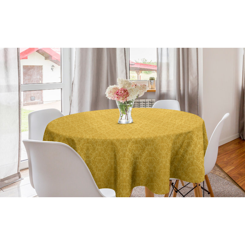 Ambesonne Yellow Damask Round Tablecloth, Romantic Vintage Print Of Plant Flowers Background, Circle Table Cloth Cover For Dining Room Kitchen Decoration, 60", Earth Yellow