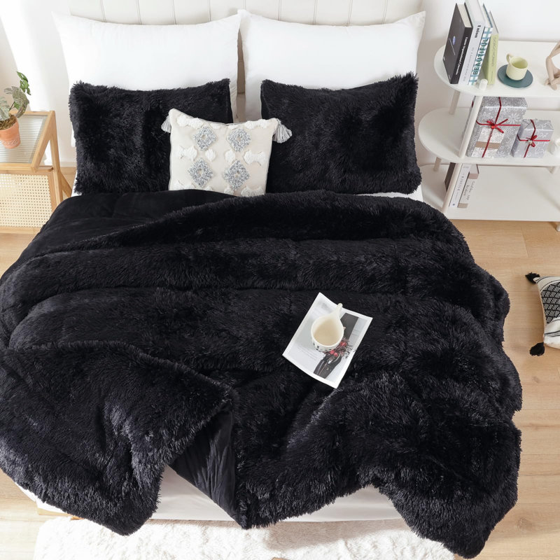 Ensemble d'édredon Fluffy 3 pièces - édredon toutes saisons de luxe avec deux taies d'oreiller, Queen, Noir
