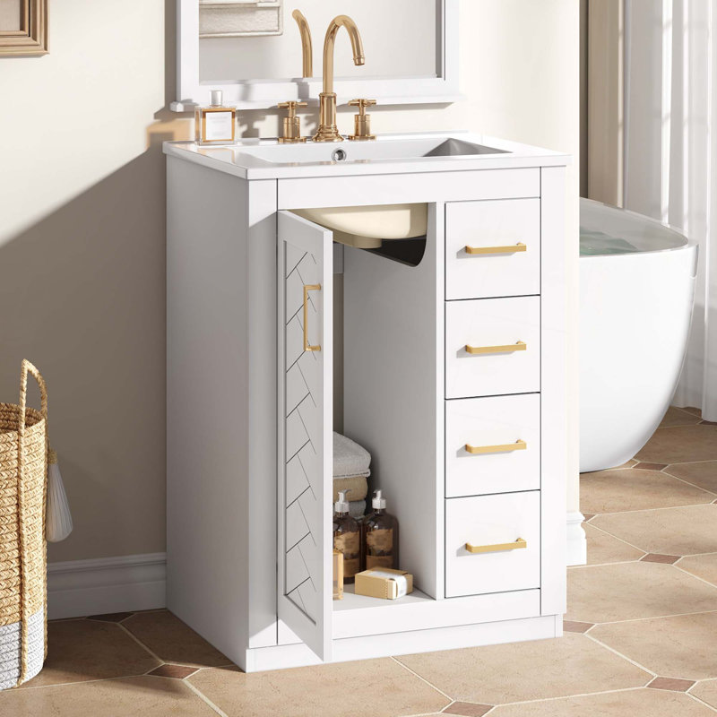 Meuble-lavabo 24 po avec lavabo en céramique intégré, 1 salle de bain, 3 tiroirs et meuble-lavabo simple, Blanc