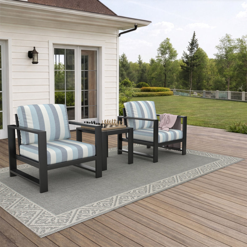 Reva 2-Person Seating Set With Sunbrella® Cushions, White/Blue/Gray