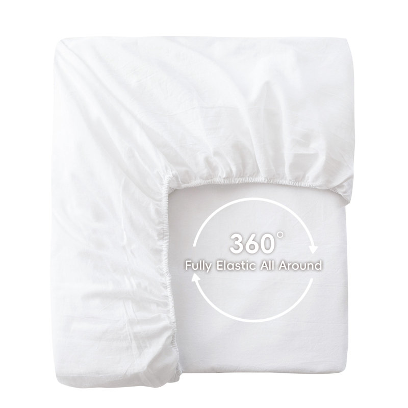 MooMee Fitted Sheet Only Extra Deep Pocket 100% Washed Cotton Linen Like Textured Lightweight Breathable, Bright White, King