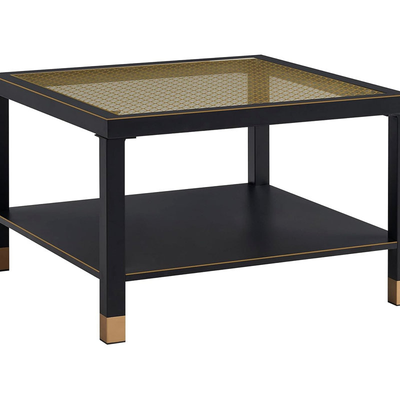Table basse industrielle carrée - Structure en acier et plateau en verre maillé, Yellow Top/Black Base