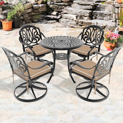 5 chaises en fonte d'aluminium pour le jardin - 4 chaises pivotantes et table ronde de 30,71 po, noir, lignes élaborées, revêtement, assise confortable, capacité de poids de 350 lb, coussins inclus, simple