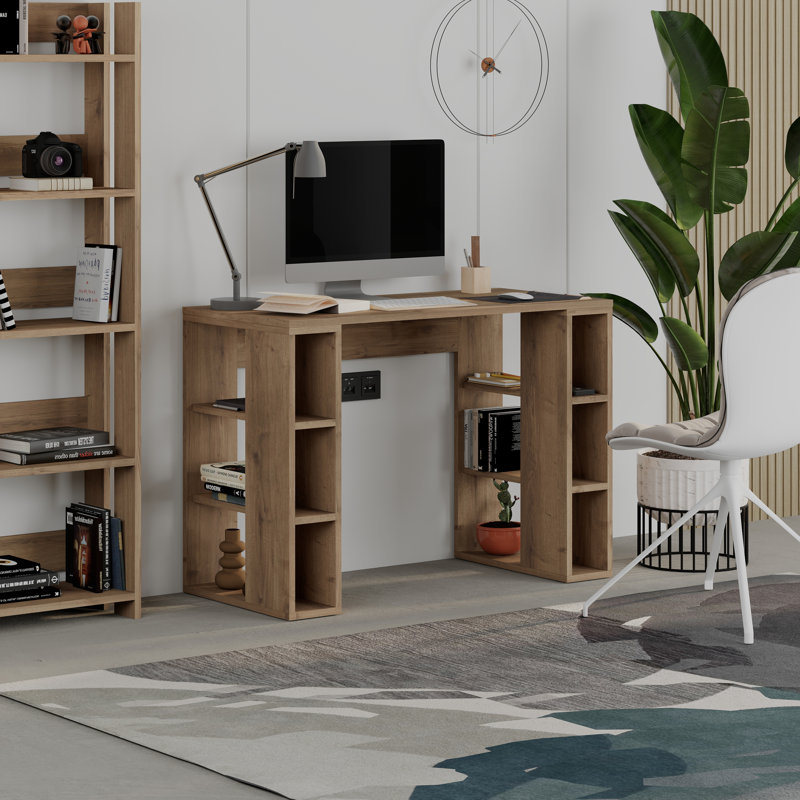Simone Modern Desk with Built-in Bookcase – Stylish Workspace Desk with 6 Open Shelves, Dark Oak, Dark Oak