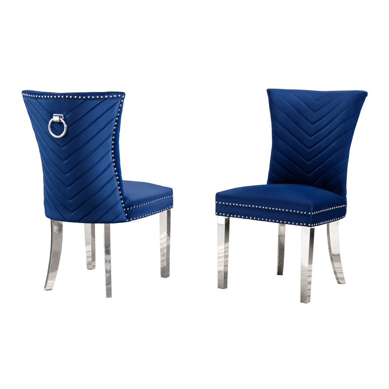 19'' H Velvet Upholstered Metal Side Chair, Silver, Navy Blue