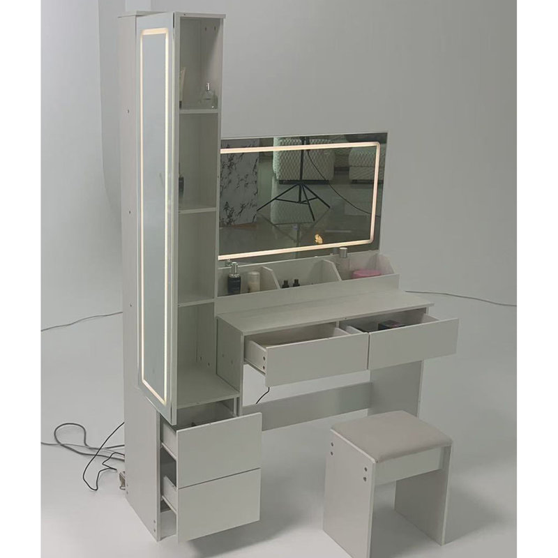 Miroirs doubles à DEL, table de coiffeuse réglable en 3 couleurs et réglable en luminosité, rangement multicouche + tabouret rembourré pour armoire pleine grandeur, conception américaine, blanc avec table de commande tactile avec