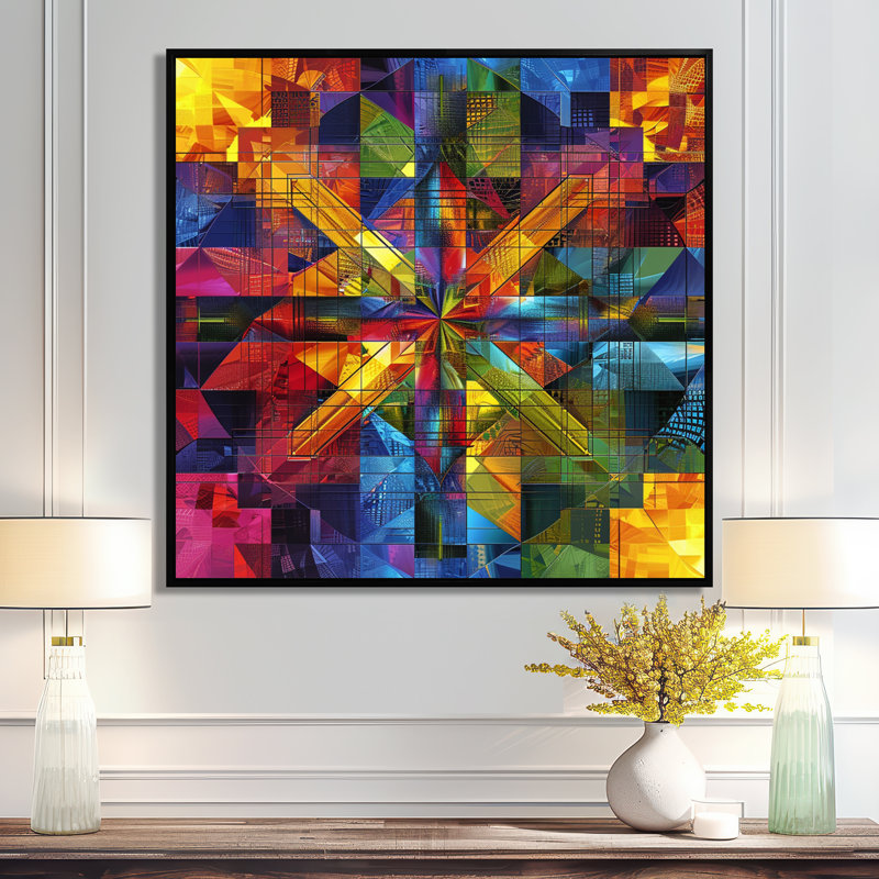 «Rainbow Geometric Colorful Bliss - Abstract», reproduction d'art murale, Cadre flottant noir, H 16 po x l 16 po