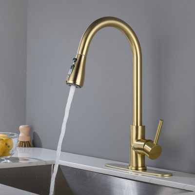 Robinet d'évier de cuisine à poignée simple en or brossé avec douchette rétractable, fabrication en acier inoxydable, buse à grande arche rotative à 360 °, levier pour la gestion de l'eau, surface de corrosion, aérateurs à bulles
