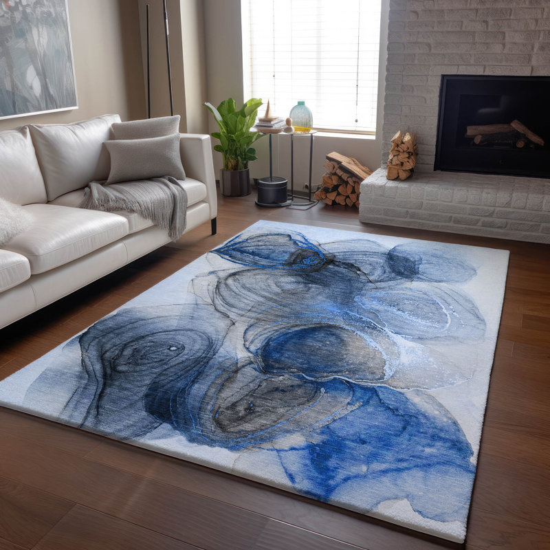 Tapis bleu marine Cerrito AMF513 lavable à la machine de qualité supérieure, Rectangle 9 pi x 12 pi