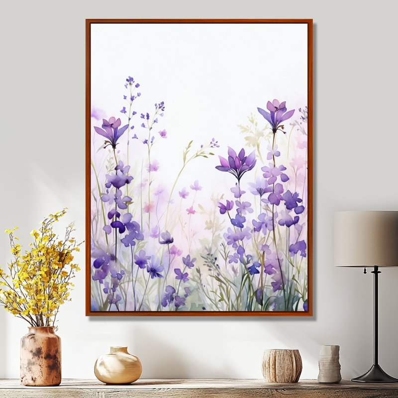 Décoration murale mauve, fleurs printanières dans la prairie - Fleurs sauvages, Toile avec cadre flottant brun