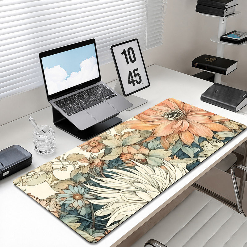 Tapis de souris en caoutchouc, surface lisse en microfibre, base antidérapante, bords arrondis, idéal pour le bureau et les jeux, 43 x 119 cm, motif botanique pêche.