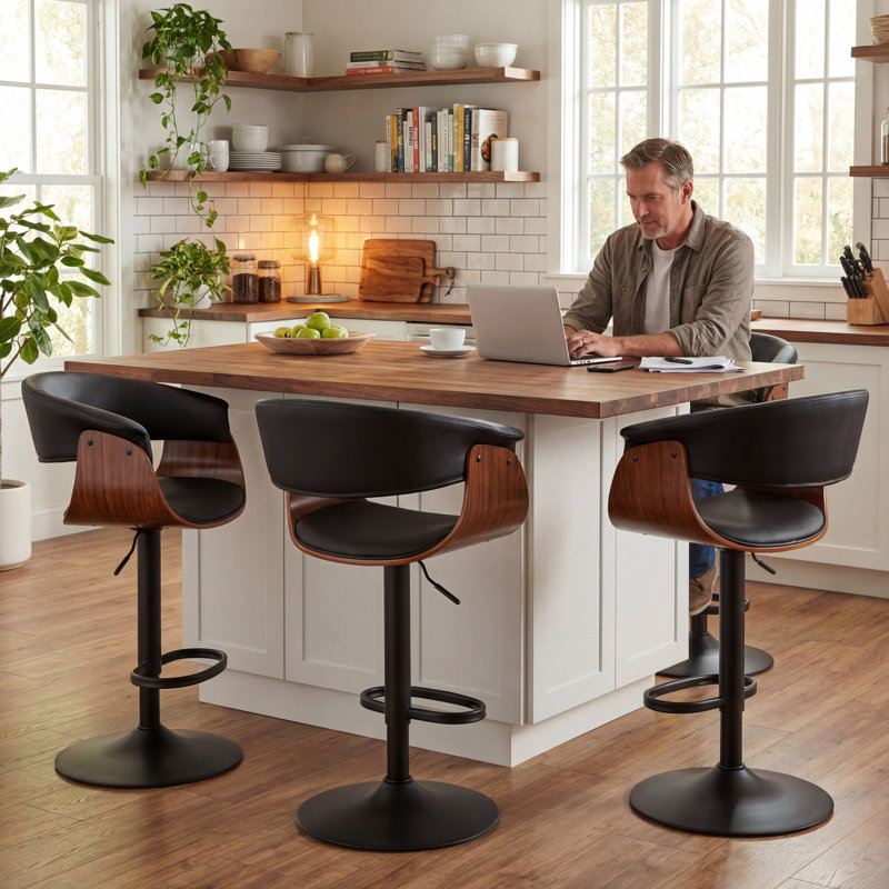Adjustable Height Bar Stools With Faux Leather Seat Swivel Stool With Backrest For Kitchen Island, Bar, Home Pub​​, Black, 4