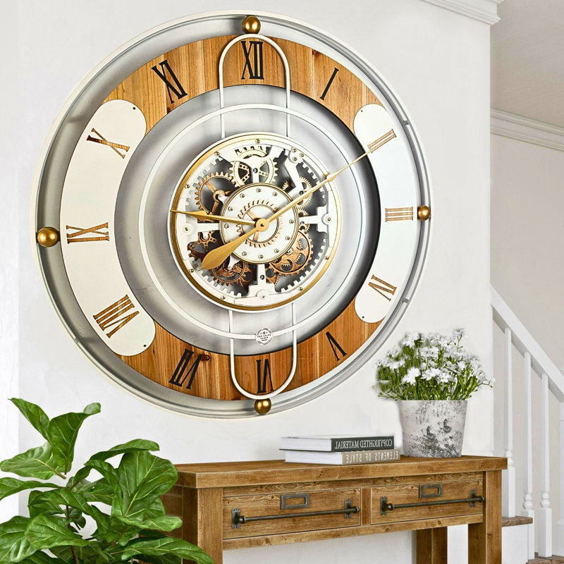 Oversized White and Wood Analog Wall Clock with Moving Gears