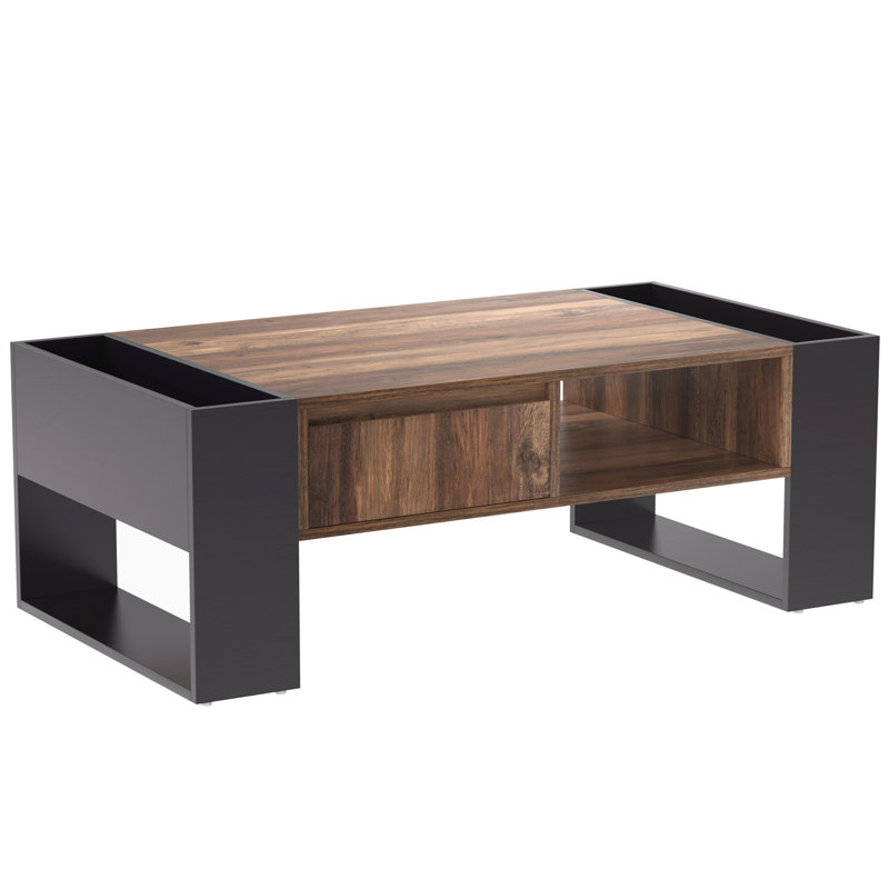 Wood Grain Coffee Table With One Handleless Drawer, Double Storage Space, Storage Compartments On Both Sides, Living Room Sofa Table, Anthracite