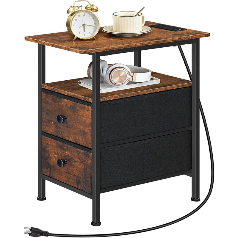 Table de bout avec station de charge, table d'appoint étroite, table de chevet avec 2 tiroirs non tissés, table d'appoint mince pour canapé, pour petits espaces, salon, chambre à coucher, brun rustique et noir