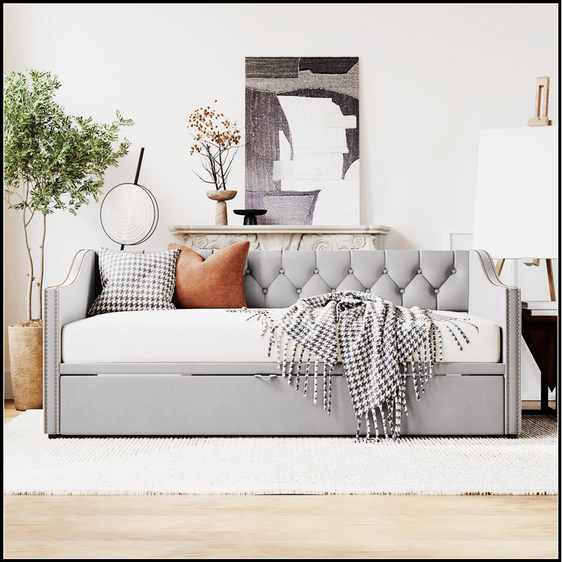 Élégant lit de jour rembourré en velours avec couchette escamotable, parfait pour un décor polyvalent et élégant., Gris