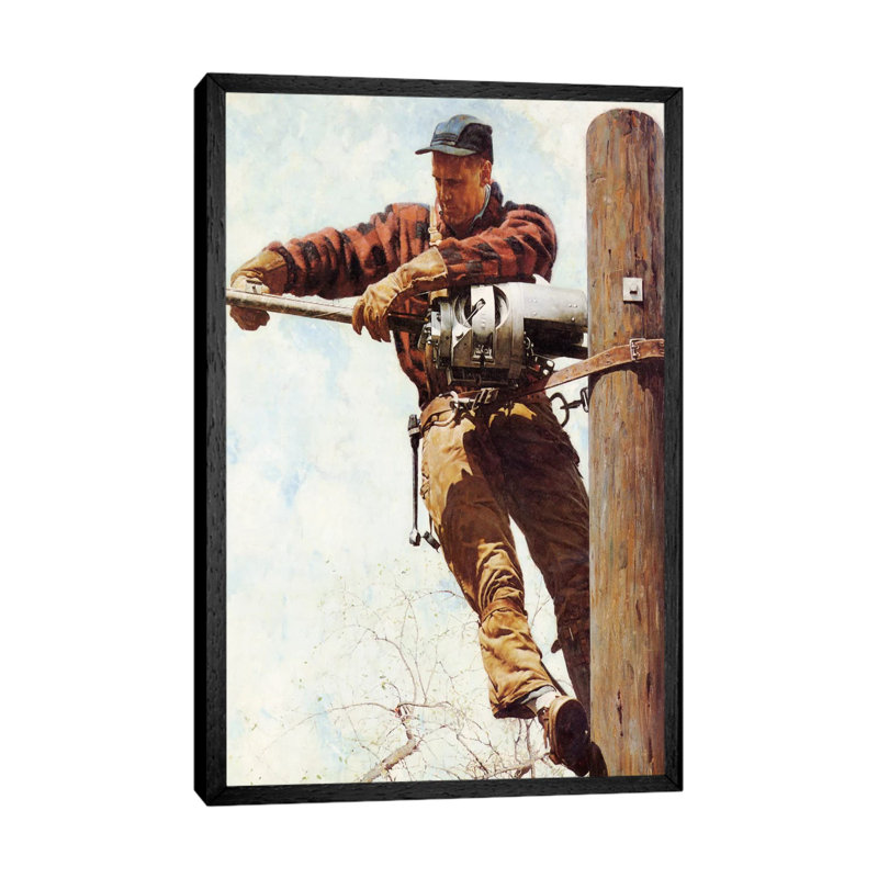 The Lineman by Norman Rockwell - Painting on Canvas, 66.04 cm H x 45.72 cm W, Black Framed