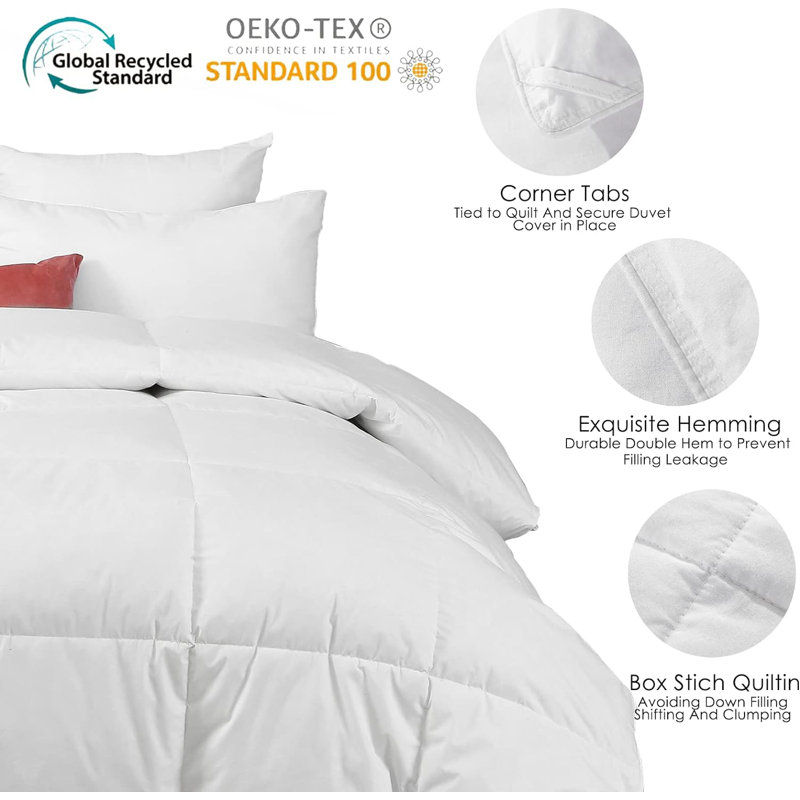 All Season Feather Down Comforter, Soft 100% Cotton Cover Bedding White Comforter, California King