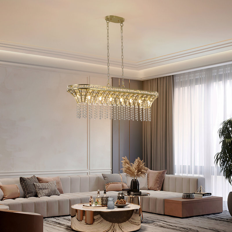 Lustre en cristal de style moderne de 39 po avec un design linéaire rectangulaire avec une finition dorée, un luminaire suspendu élégant avec des perles en cascade