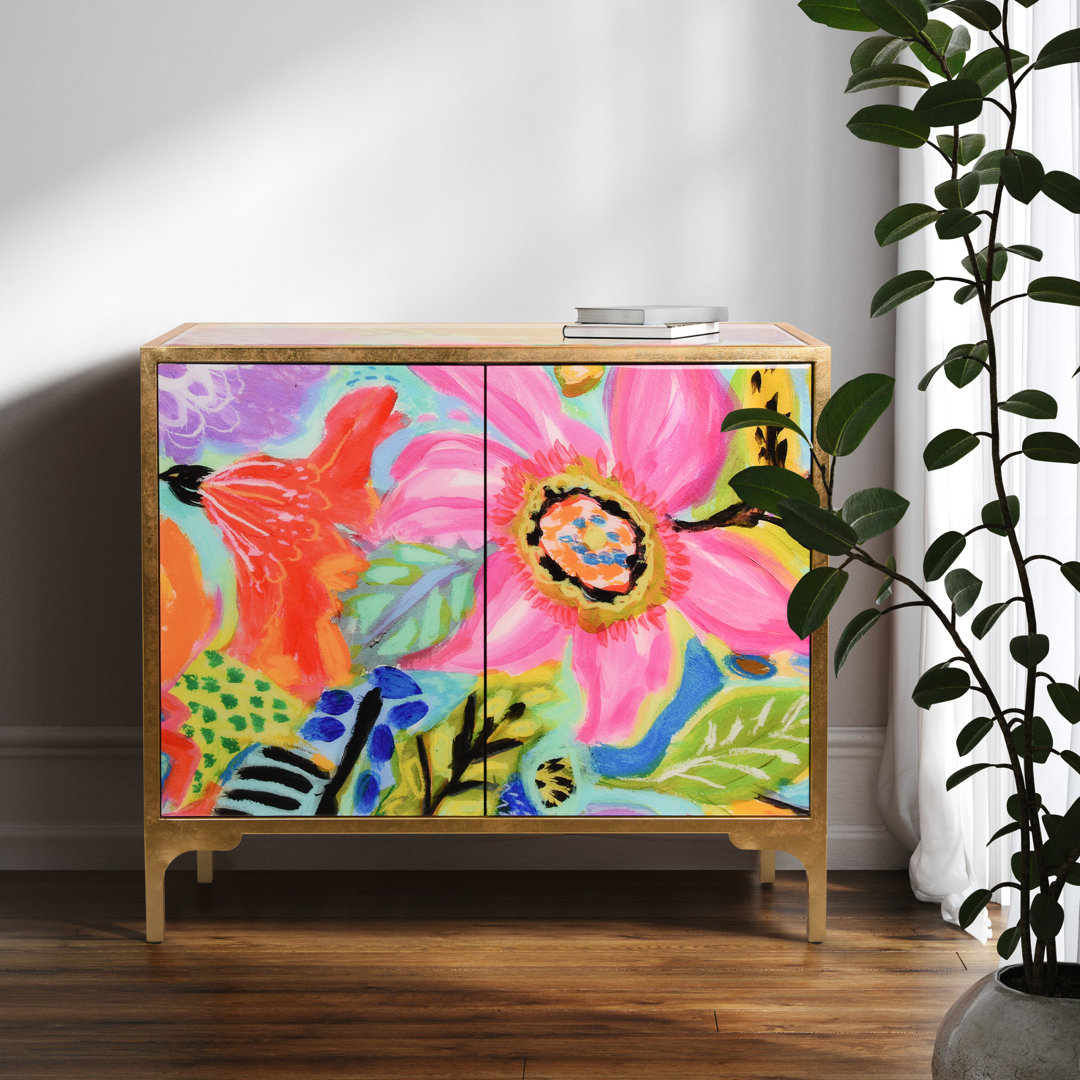Demartino "Secret Garden Floral II" Console on Beveled Reverse Printed Art Glass with Iron Gold Leafed Frame Rosdorf Park