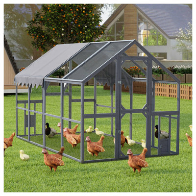 Large Walk-In Outdoor Chicken Coop & Cat Enclosure with Waterproof Roof - Grey Metal Frame Pet Run