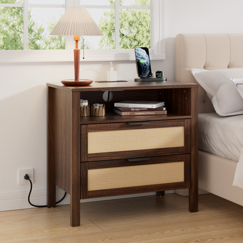 26.4'' W 2-Drawer Boho-Style Nightstand With Charging Station, Brown/Natural