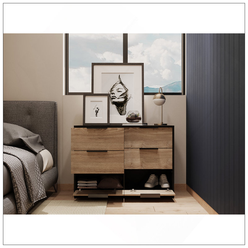 Commode 4 tiroirs, plateau supérieur, noir / pin