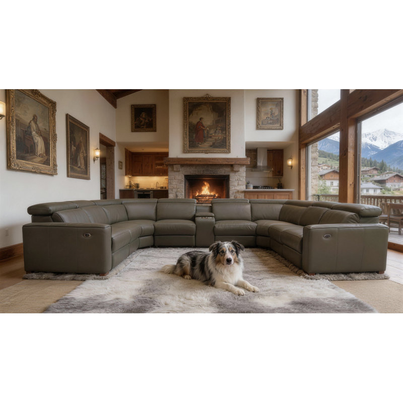 Canapé modulaire inclinable en cuir Bechper, Cuir fleur olive