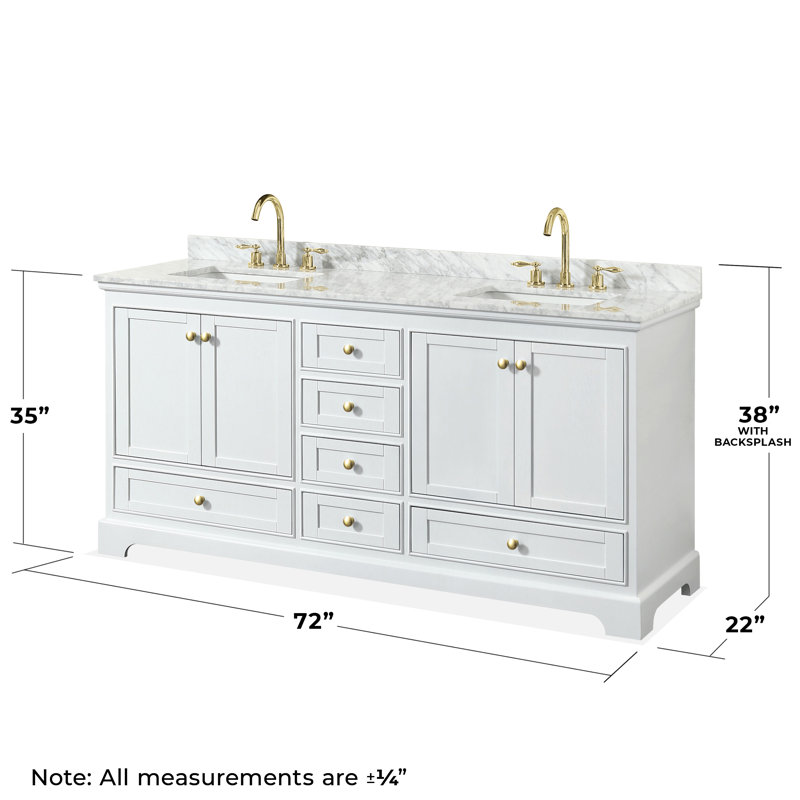 Ensemble de meuble-lavabo double 72 "avec miroir Deborah, Blanc, Or brossé