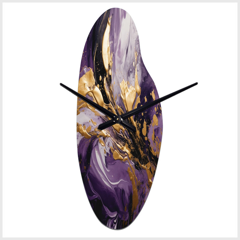 Purple And Gold Liquid Magic II - Curved Shape Large Abstract 3D Wall Clock, Medium