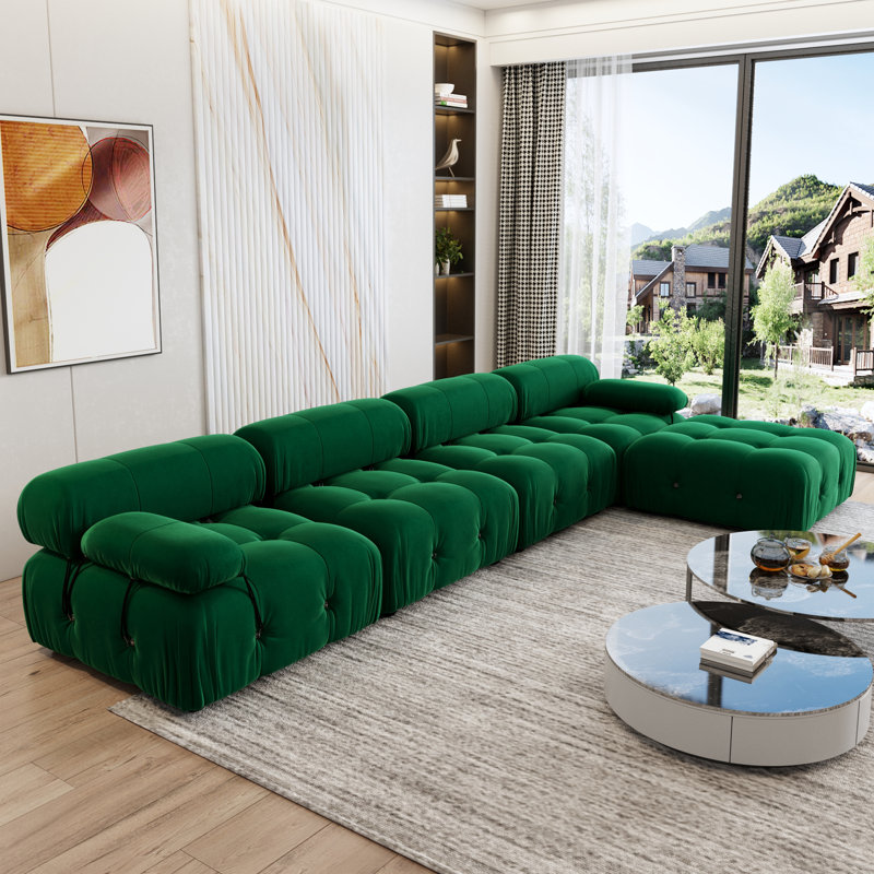  Canapé modulaire réversible en velours de 138,6 po avec repose-pieds Cylar, Velours vert