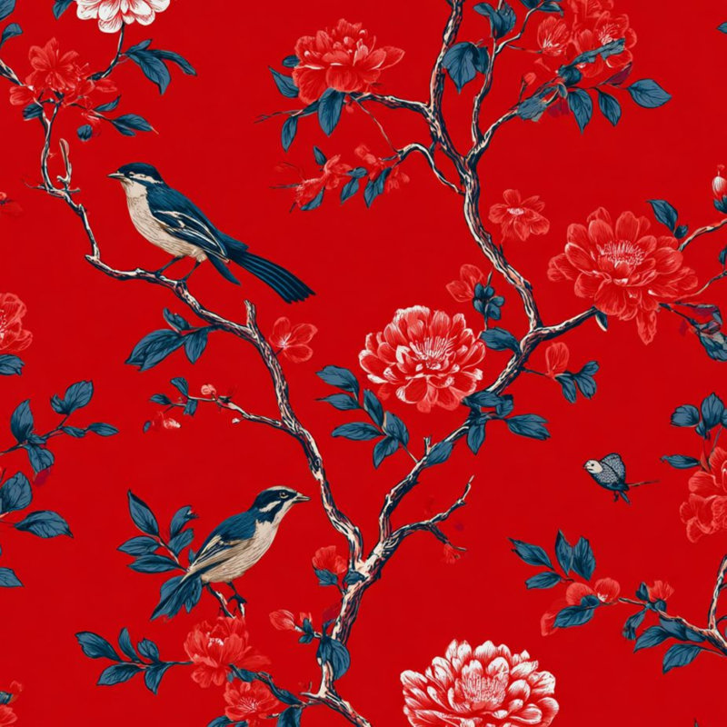 Papier peint floral avec décoration murale oiseaux rouges