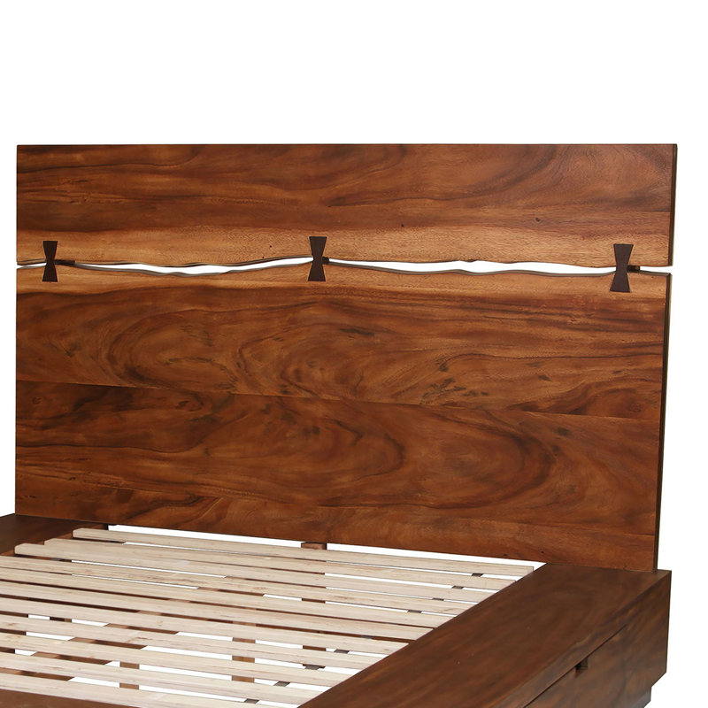 Lit très grand avec rangement Zeko, tête de lit à panneau Live Edge, bois de noyer brun, Grand
