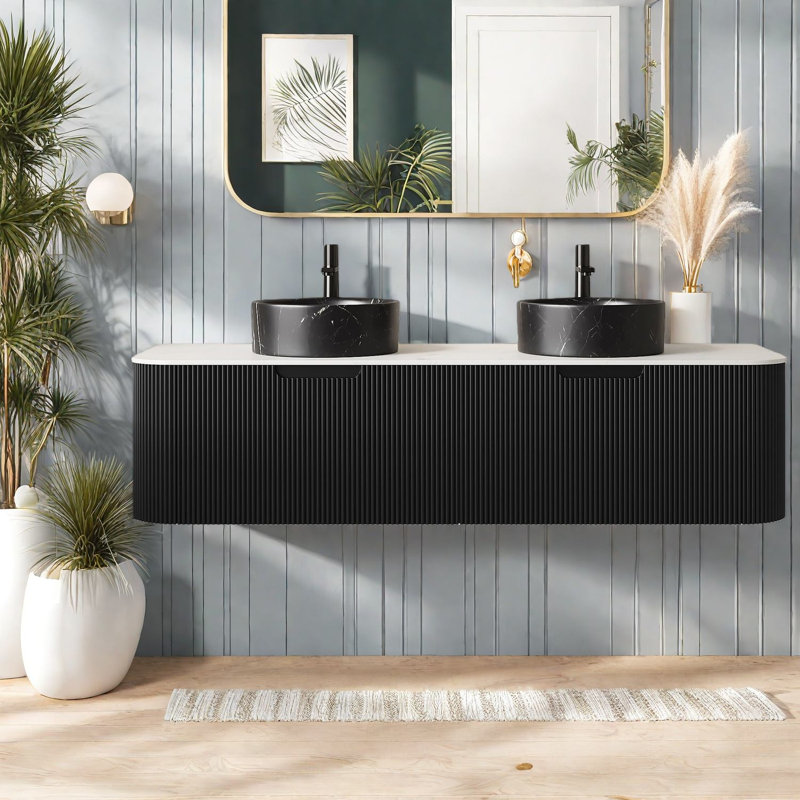 Meuble-lavabo flottant avec rangement incurvé, éviers en céramique, style moderne