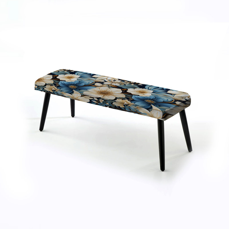 Banc rembourré floral noir, Retraite de fleurs bleues et blanches