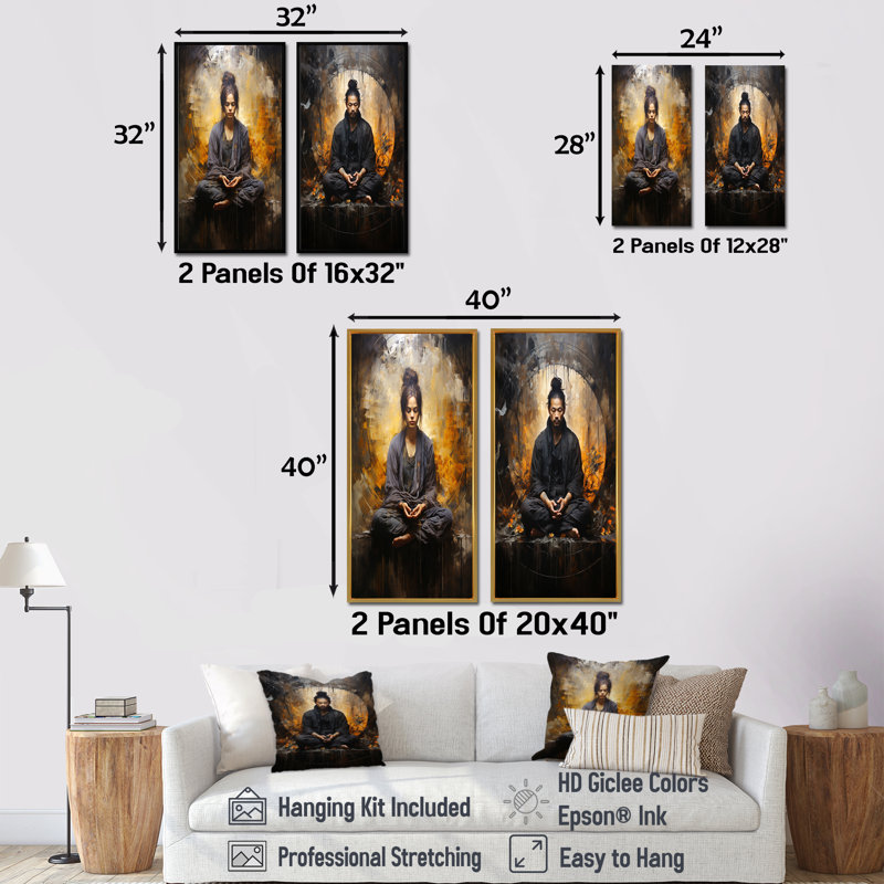 «Black and Gold Yogic Meditation», ensemble d'art mural sur toile de yoga, Toile tendue, H 28 po x l 25 po