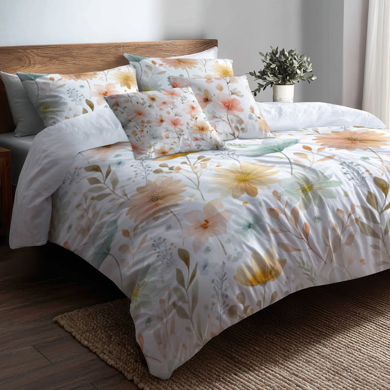 Ensemble de literie 5 pièces Floral - Ensemble de housse de couette et coussin décoratif jaune 4 saisons