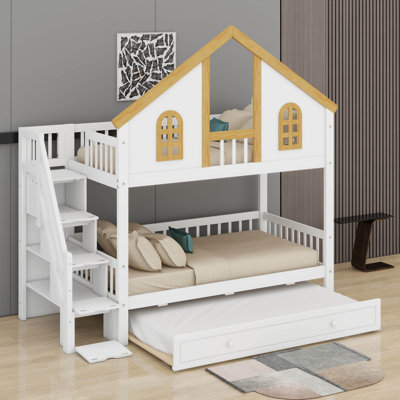 Lit simple superposé avec lit gigogne, structure de lit superposé en bois avec escalier de rangement, toit, fenêtre et porte