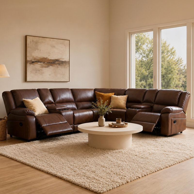 109" Wide Reversible Reclining Corner Sectional Sofa with Storage & Cup Holder, Reddish Brown Faux Leather