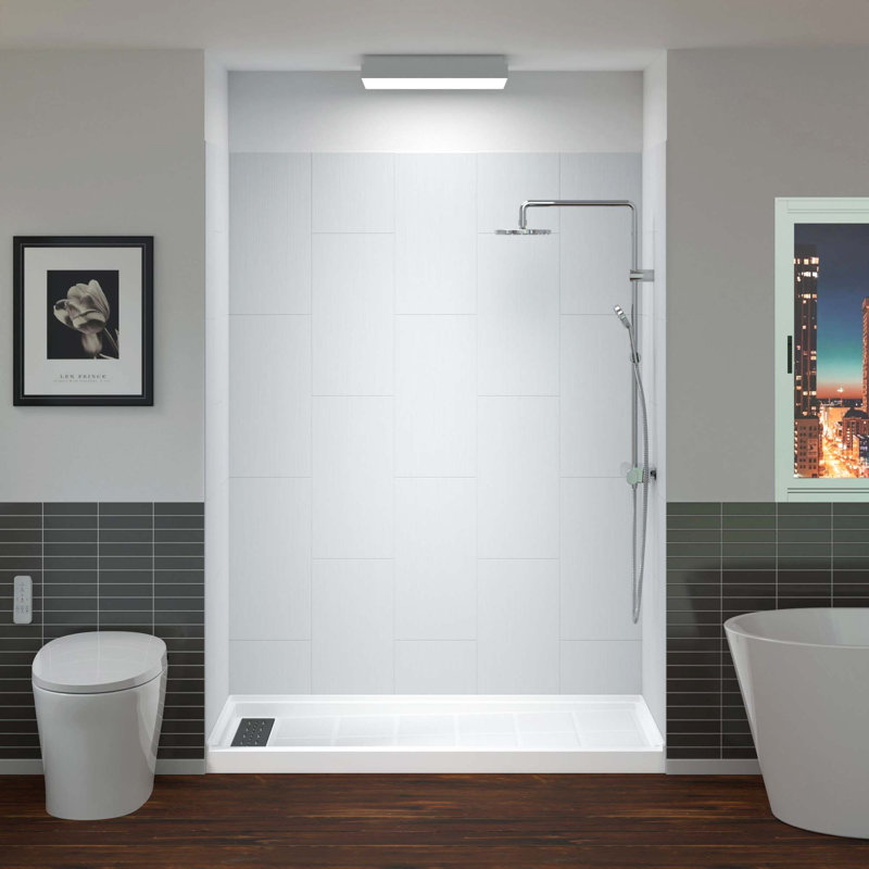 60'' W 75'' H Framed Rectangle Shower Stall, Nickel, White/Brushed Nickel Trim, Left