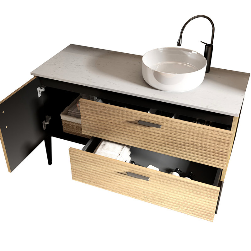 Meuble-lavabo moderne en chêne naturel de 48 po, sans robinet de drainage, option autoportante, bois de catégorie E1, poignées noires, rangement mural rayé optimisé, matériau de la peau, trou en U,