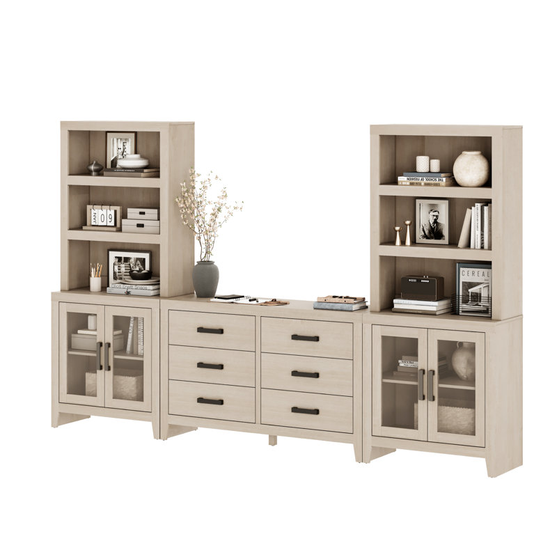 Entertainment Center With Bookshelves, Farmhouse TV Stand For 75 Inch TV, Wood Media Console With Glass Doors And 6 Storage Drawers For Living Room, Bedroom, Beige
