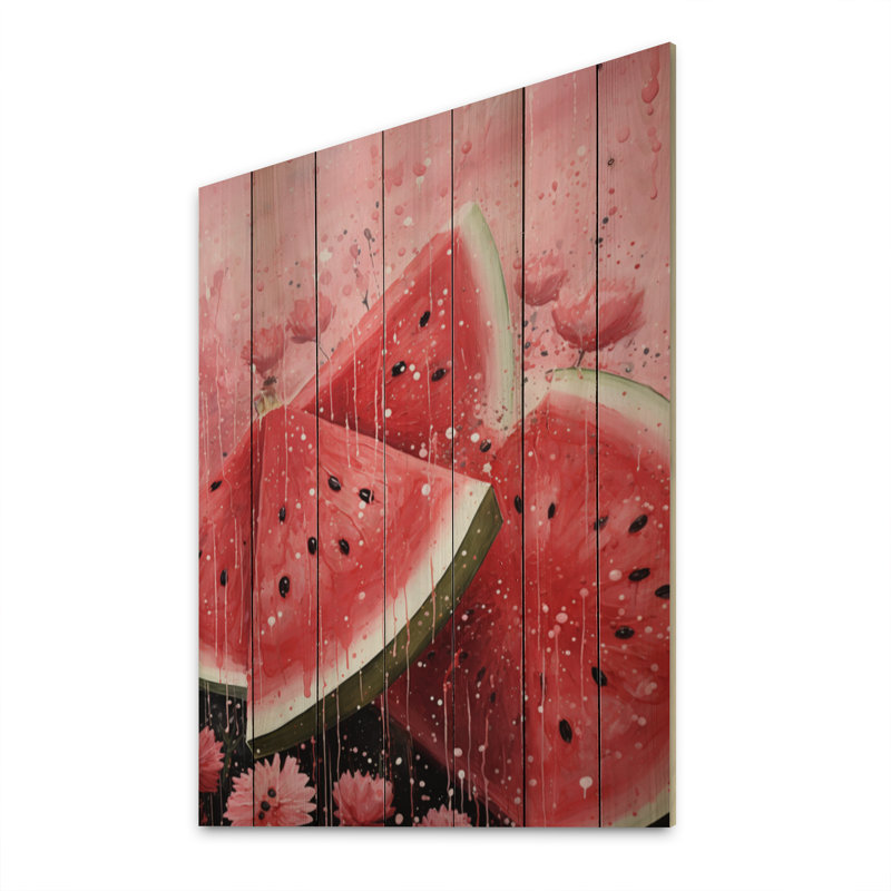 Fruit pastèque rose pointillisme sur bois, H 40 po x l 30 po x P 0,78 po