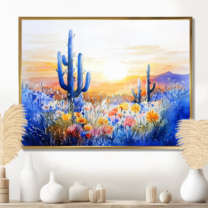 Cactus désert au coucher du soleil - impression murale de cactus floral, H 34 po x l 44 po, Cadre flottant sans passe-partout