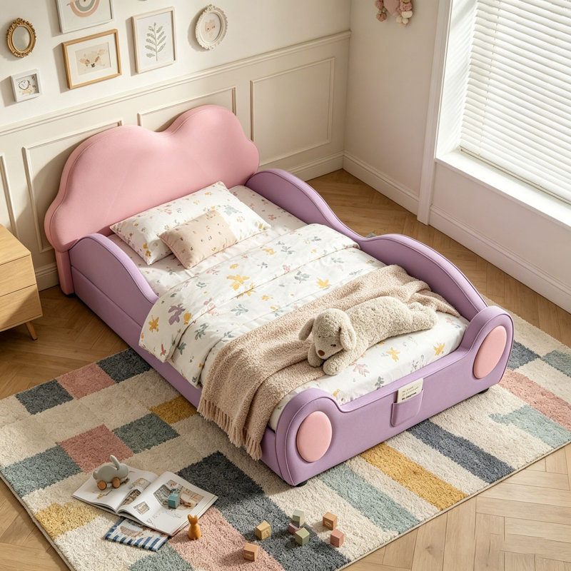 Mignon lit pour enfants en cuir de polyuréthane avec garde-corps et lit de sécurité pour tout-petits, Pink Purple