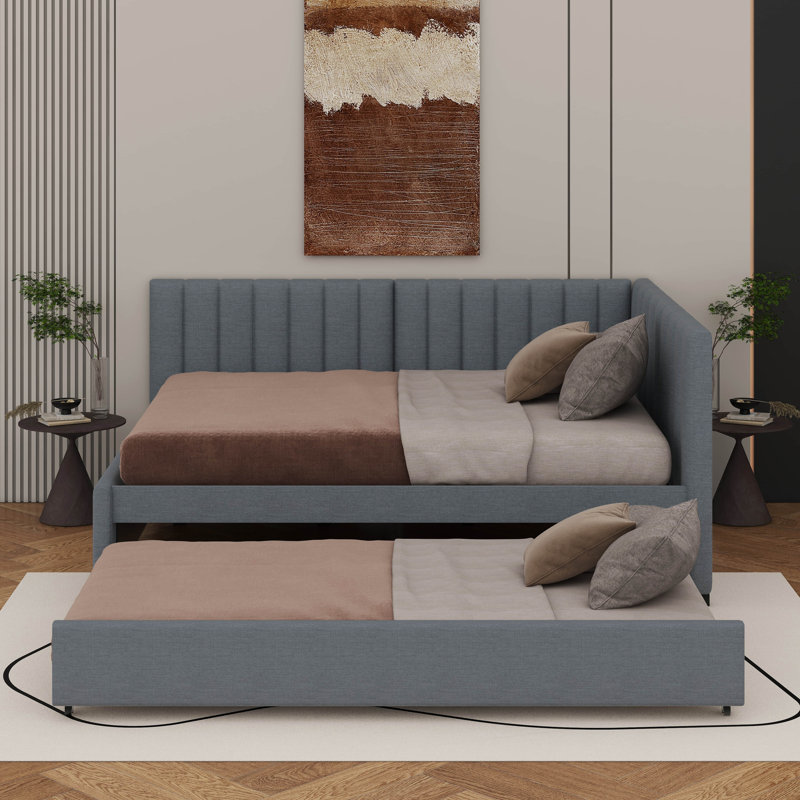 Full Size Upholstered Daybed With Trundle, Gray