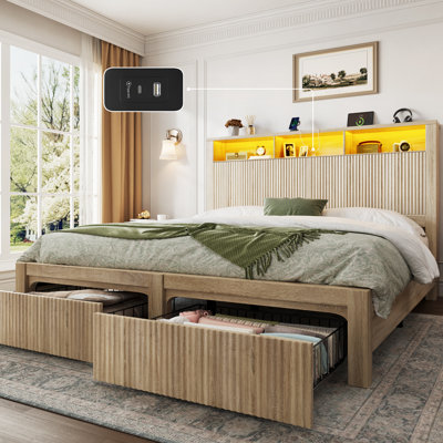 Cadre de lit Queen Size avec tête de lit cannelée et 2 tiroirs de rangement, sommier en bois avec éclairage DEL et port de chargement, chêne