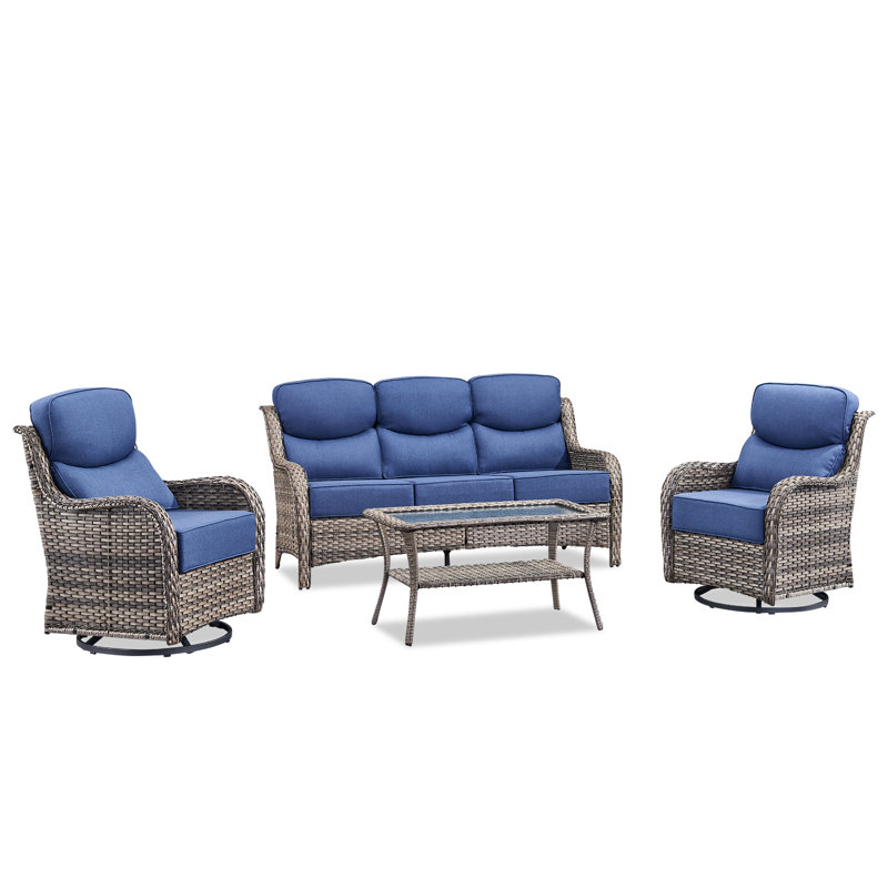 Meriline 4-Piece All Weather Wicker Outdoor Patio Furniture Set With Sofa And Swivel Glide Chair, Gray, Blue