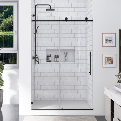 43-48 In. W × 76 In. H Frameless One Fixed And One Shifted Shower Door  In Matte Black  | 5/16" 8MM Tempered Glass  With Stick Explosion-Proof Menbrance |  70MM 304 Stainless Steel Large Pulleys With Adjustable Soft Closing Function